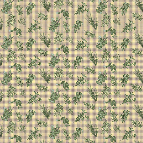 Henry Glass & Co. Gardening Snowmen 3107 33 Yellow/Tan Tossed Herbs & Plaid By The Yard