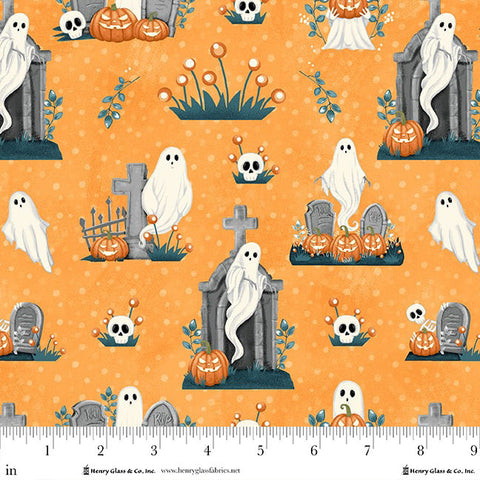 Henry Glass & Co. Ghosts In The Graveyard 2024G 33 Orange Allover Ghosts, Pumpkins & Skulls By The Yard