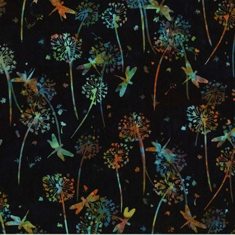 Hoffman Batik U2497 4 Black Dandelions & Dragonflies By The Yard