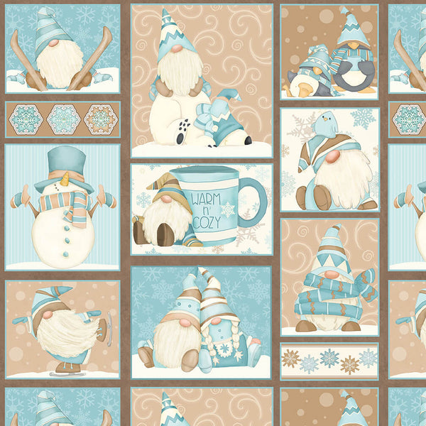 Henry Glass & Co. I Love Sn'Gnomies 9635 13 Aqua/Beige Gnome Patchwork Flannel By The Yard
