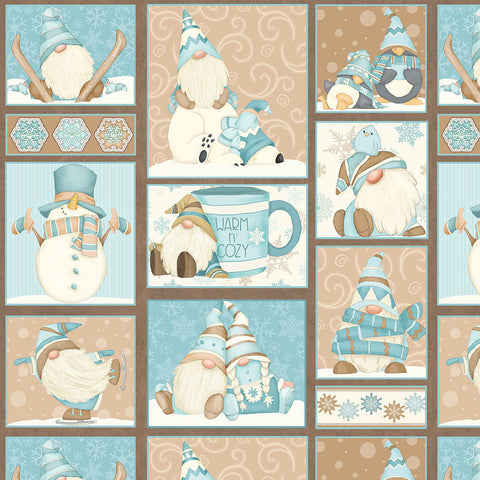 Henry Glass & Co. I Love Sn'Gnomies 9635 13 Aqua/Beige Gnome Patchwork Flannel By The Yard