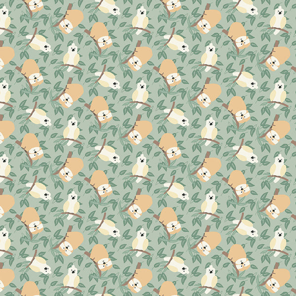 Henry Glass & Co. Into The Jungle 894 64 Green Tossed Birds & Sloths By The Yard