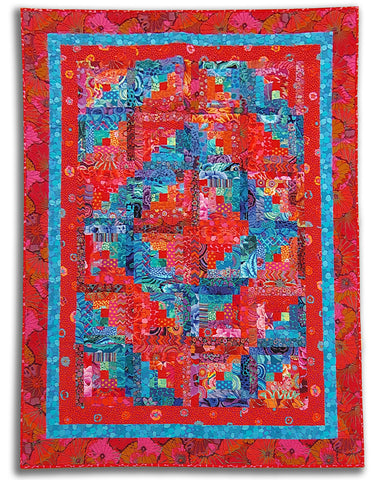 Kaffe Red and Blue 71" x 53" Fully Finished Log Cabin Quilt