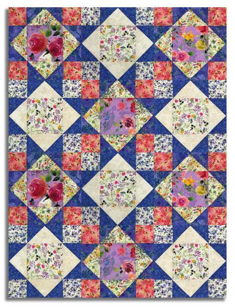 Clothworks Digital Pre-Cut 12 Block King's Crown Quilt Kit - Fleur De Rose