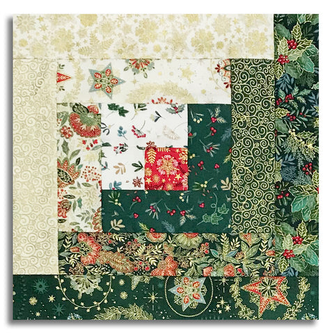 Andover/Makower Pre-Cut 12 Block Log Cabin Quilt Kit - Good Tidings - Green