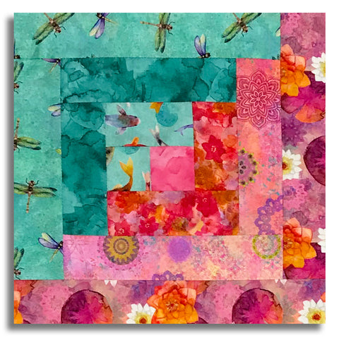 Clothworks Pre-cut 12 Block Log Cabin Quilt Kit - Lily Pond - Raspberry