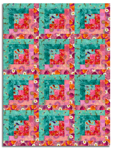 Clothworks Pre-cut 12 Block Log Cabin Quilt Kit - Lily Pond - Raspberry