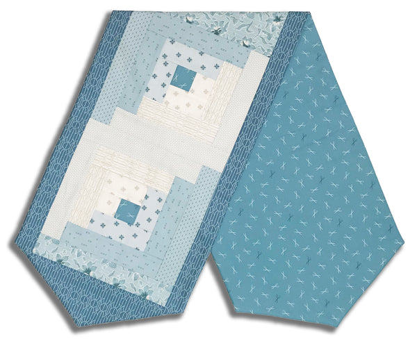 Fully FINISHED Log Cabin Table Runner - Sewing Bird - Glacier