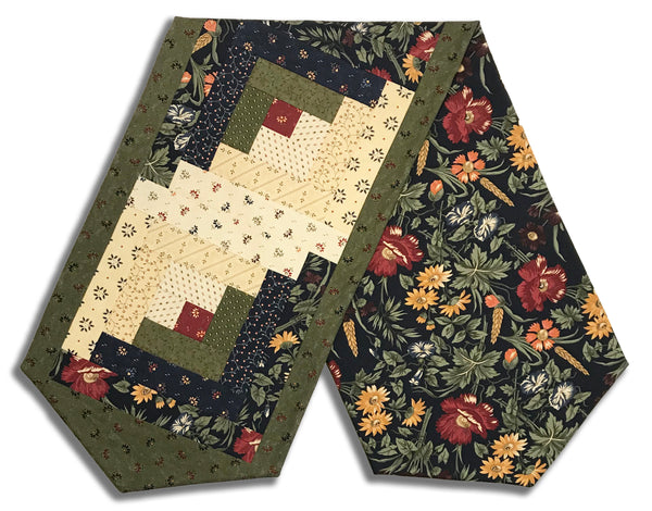 Fully FINISHED Log Cabin Table Runner - Wheatland - Navy & Beige