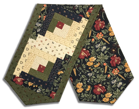 Fully FINISHED Log Cabin Table Runner - Wheatland - Navy & Beige