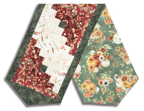 Fully FINISHED Log Cabin Table Runner - Harvest Bouquet - Maroon -