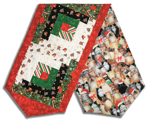 Fully FINISHED Log Cabin Table Runner - Meowy Christmas
