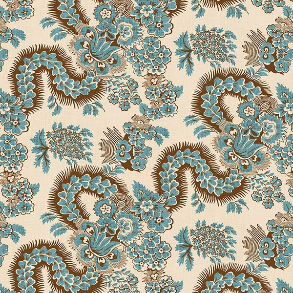 Henry Glass & Co. Mariakerke 3366 73 Blue Brown Diagonal Serpentine Floral By The Yard