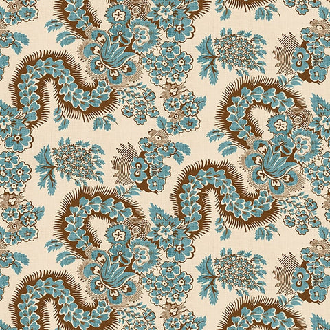 Henry Glass & Co. Mariakerke 3366 73 Blue Brown Diagonal Serpentine Floral By The Yard