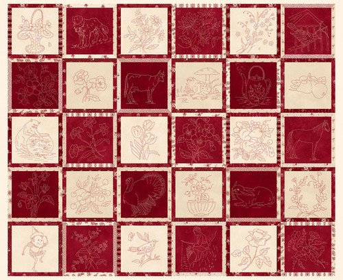 Henry Glass & Co. Memories In Redwork 2955P 88 Scarlet Embroidery Block 36" PANEL By The PANEL (Not Strictly By The Yard)