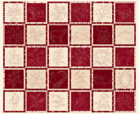 Henry Glass & Co. Memories In Redwork 2955P 88 Scarlet Embroidery Block 36" PANEL By The PANEL (Not Strictly By The Yard)
