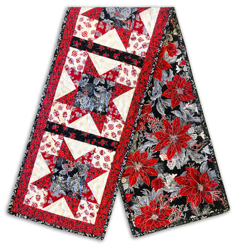 Fully FINISHED North Star Table Runner - Christmas Blossom Silver Poinsettia