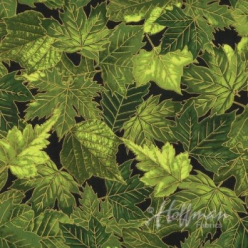 Hoffman Metallic - Fall Blooms P7605 157G Verde/Gold Fall Leaves By The Yard