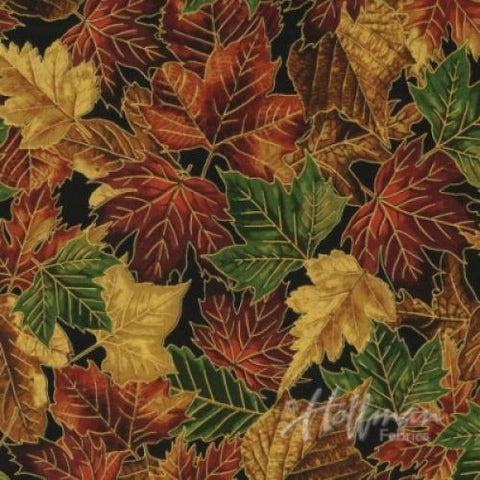 Hoffman Metallic - Fall Blooms P7605 4G Black/Gold Fall Leaves By The Yard