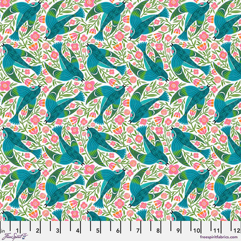 Free Spirit What The Birds Said PWCD153 White Blue Birdy By The Yard
