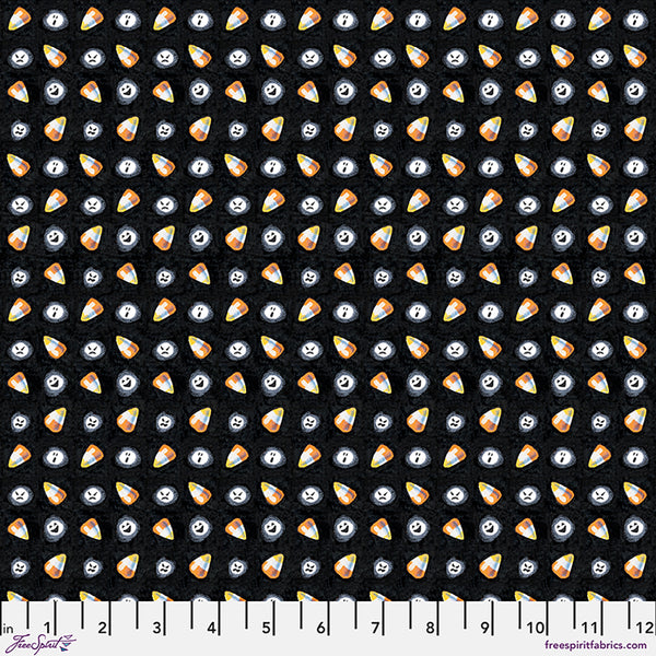 Free Spirit Moonlit Mischief PWMY045 Black Candy Corn Ghouls By The Yard