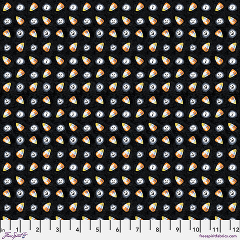 Free Spirit Moonlit Mischief PWMY045 Black Candy Corn Ghouls By The Yard
