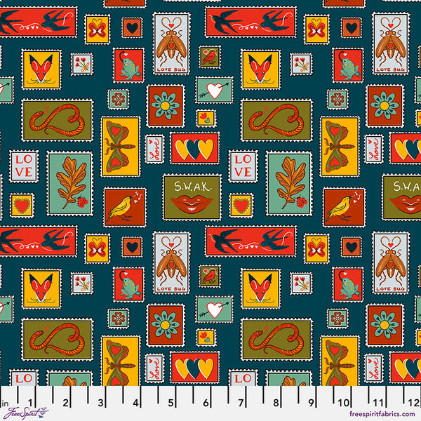 Free Spirit Love Letters PWRH136 Teal Postage Stamps By The Yard