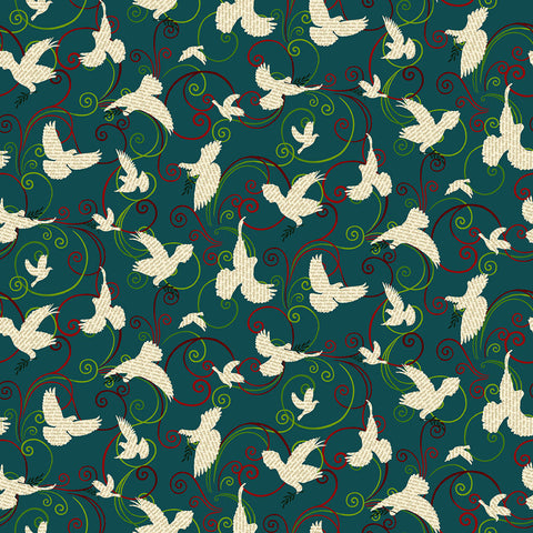 Henry Glass & Co. Peace On Earth 3267 67 Teal Dove & Scroll By The Yard