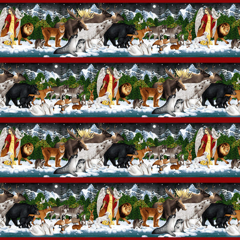 Henry Glass & Co. Peace On Earth 3270 88 Red Animal & Angel Border Stripe By The Yard