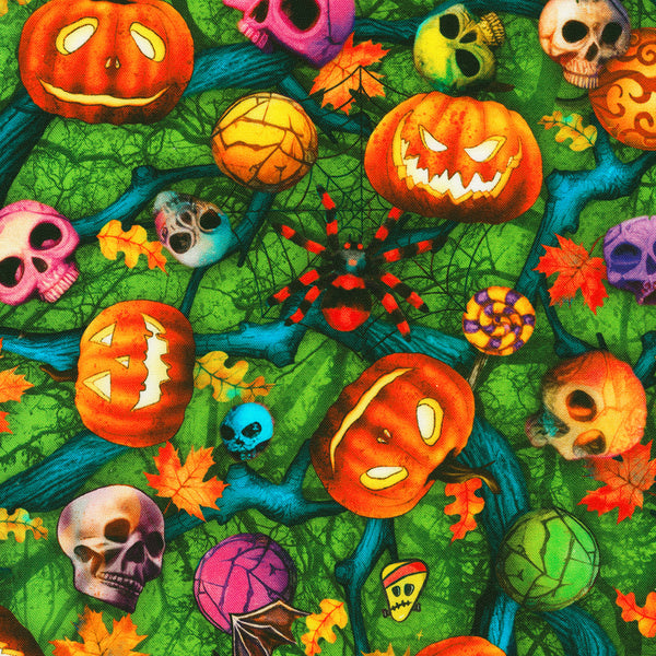 Kaufman Digital Print - Bright Frights 23085 386 Acid Lime Halloween Toss By The Yard
