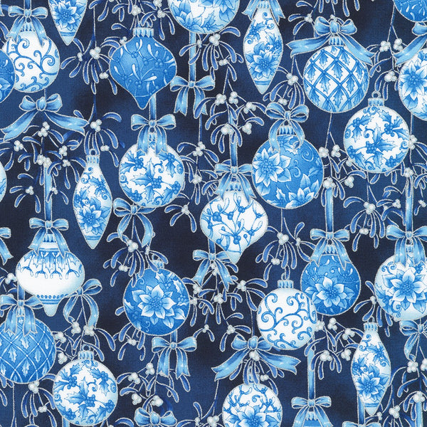 Kaufman Holiday Flourish: Festive Finery - Blue Colorstory 22287 9 Navy Ornaments By The Yard