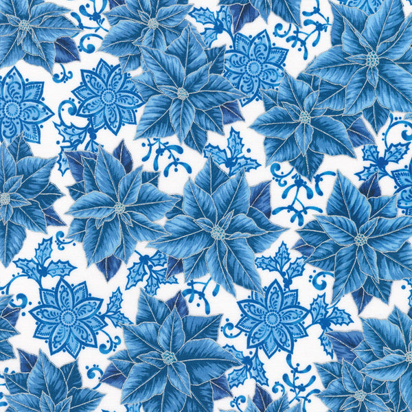 Kaufman Holiday Flourish: Festive Finery - Blue Colorstory 22288 75 Delft Small Poinsettia By The Yard