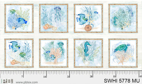 P & B Textiles Sea Whispers 5778 MU Sea Life Blocks 24"PANEL By The PANEL (Not Strictly By The Yard)