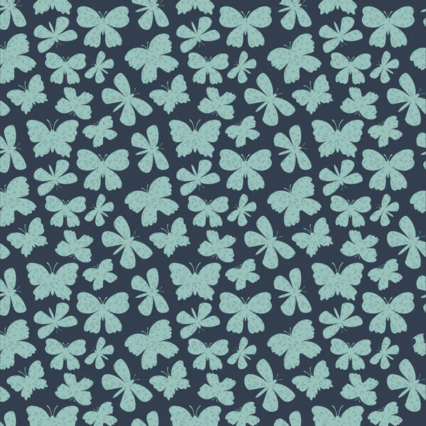 Poppie Cotton Painted Blossoms PB24656 Scattered Butterflies Navy By The Yard