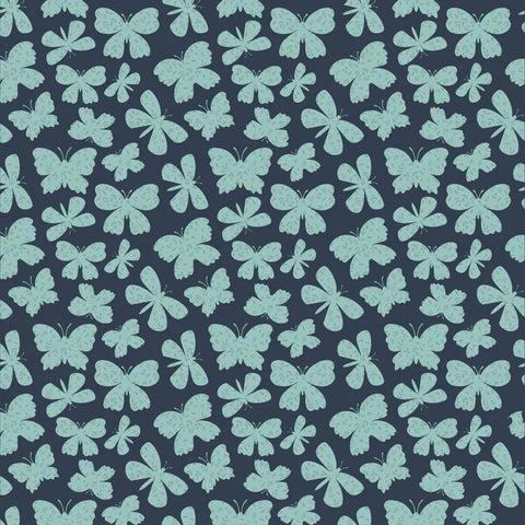 Poppie Cotton Painted Blossoms PB24656 Scattered Butterflies Navy By The Yard