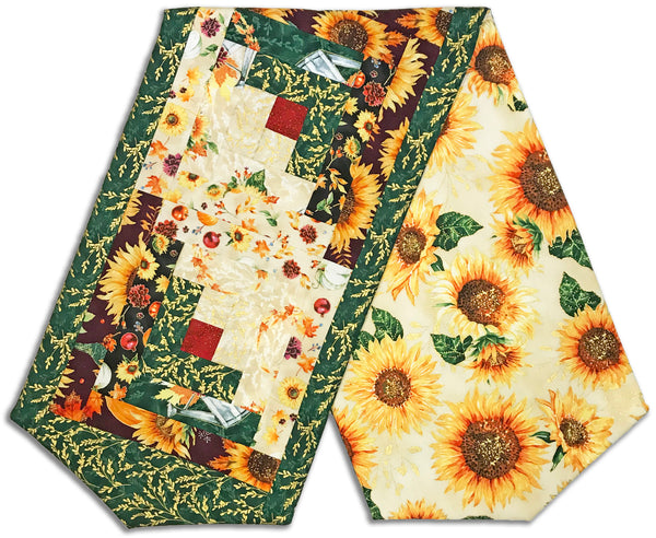 Fully FINISHED Log Cabin Table Runner - Fall Blooms Sunflowers