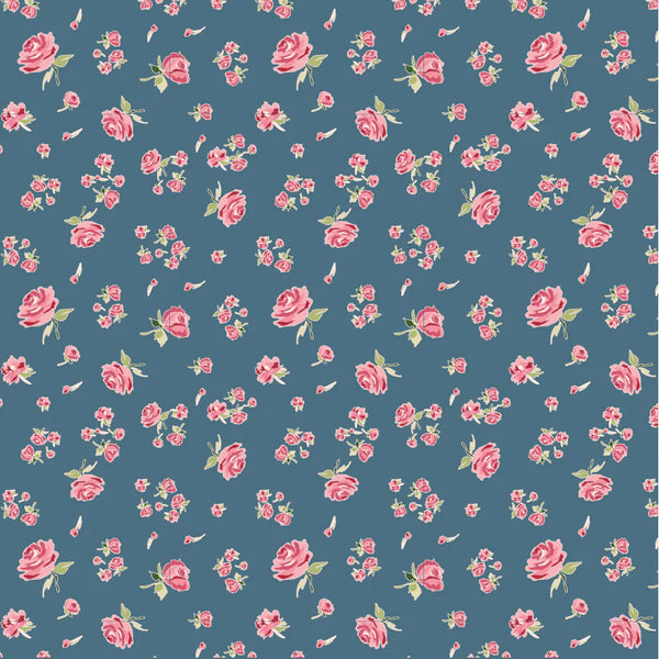 Poppie Cotton Stolen Moments SM25314 Tossed Roses Bleu By The Yard