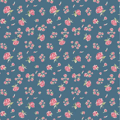 Poppie Cotton Stolen Moments SM25314 Tossed Roses Bleu By The Yard