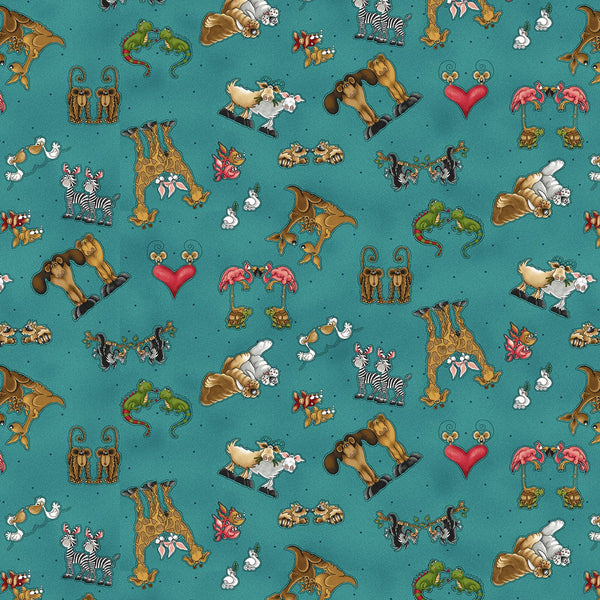 Henry Glass & Co. Two By Two 1757 77 Teal Tossed Characters By The Yard