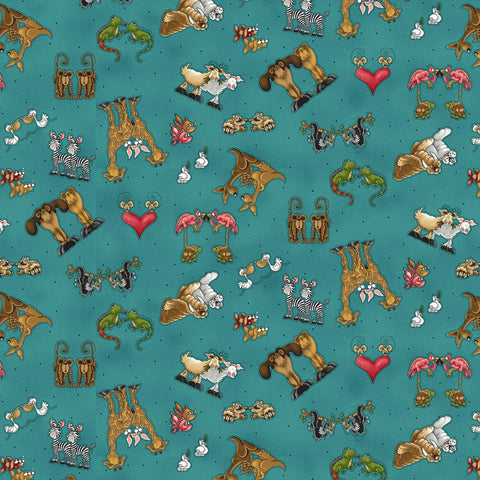 Henry Glass & Co. Two By Two 1757 77 Teal Tossed Characters By The Yard