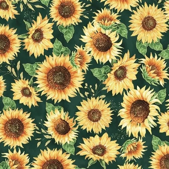 Hoffman Metallic - Fall Blooms V5184 31G Emerald/Gold Large Sunflowers By The Yard