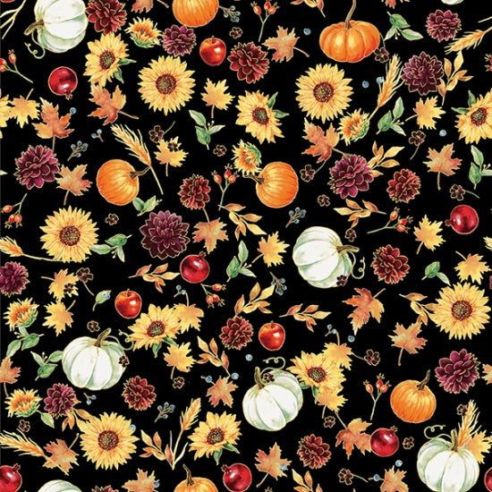 Hoffman Metallic - Fall Blooms V5186 4G Black/Gold Autumn By The Yard