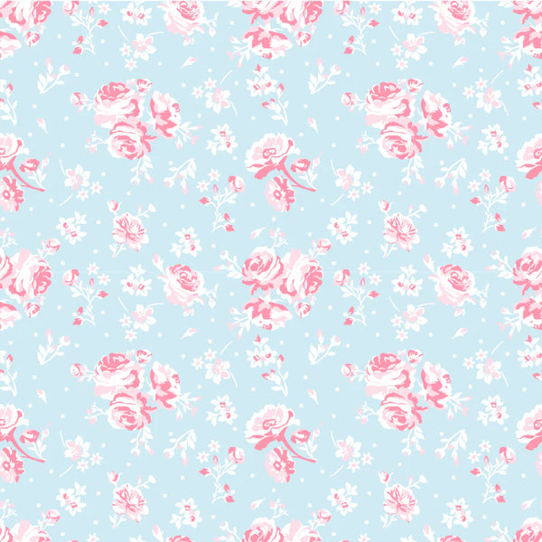 Poppie Cotton Elise EE25504 Vintage Rose Sky Blue By The Yard