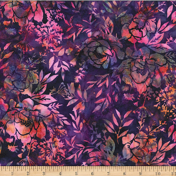 Hoffman Batik W2578 382 Grape Juice Mixed Floral Leaves By The Yard