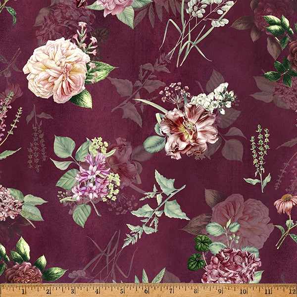 Hoffman Digital Spectrum Print - Botanical Charm W5371 428 Mulberry Large Floral By The Yard