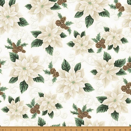 Hoffman Metallic - Christmas Splendor W7776 22G Ivory/Gold Poinsettia By The Yard