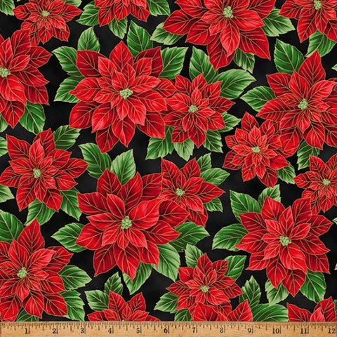 Hoffman Metallic - Christmas Splendor W7777 4G Black/Gold Packed Poinsettia By The Yard