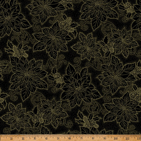 Hoffman Metallic - Christmas Splendor W7782 4G Black/Gold Dotty Poinsettia By The Yard