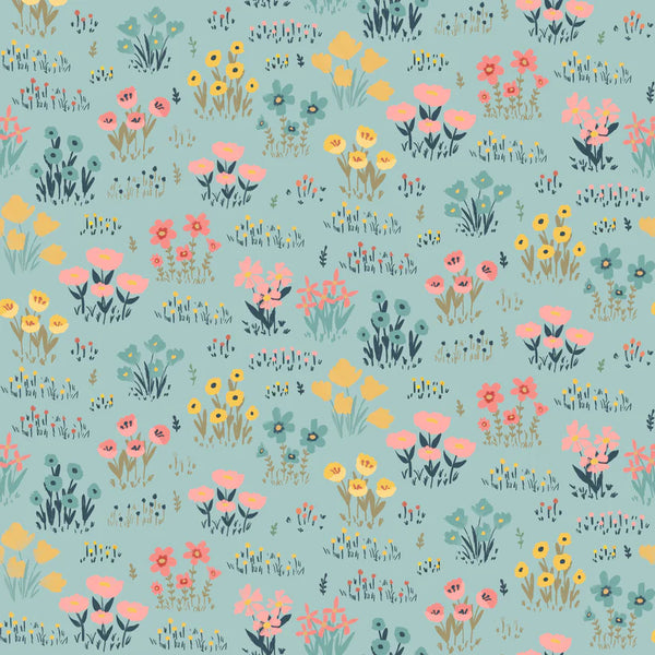 Poppie Cotton Painted Blossoms PB24661 Wild Flowers Teal By The Yard