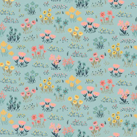 Poppie Cotton Painted Blossoms PB24661 Wild Flowers Teal By The Yard